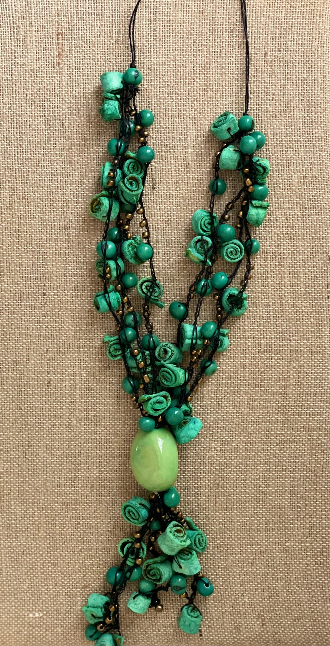Green Tagua Nut and Orange Peel Roses Extra Long Adjustable Necklace