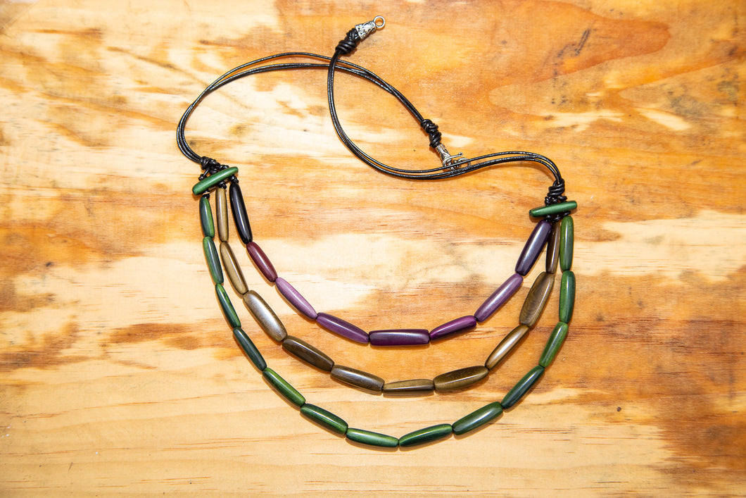 Green, Brown and Purple Cylinder Tagua Nut Necklace