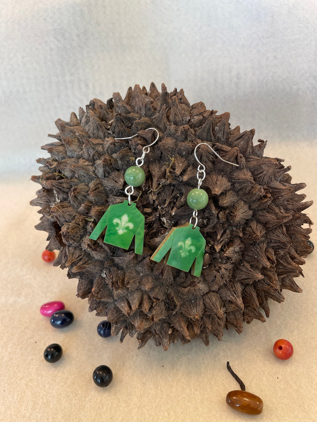 Green Tagua Nut Jockey Silk Derby Earrings