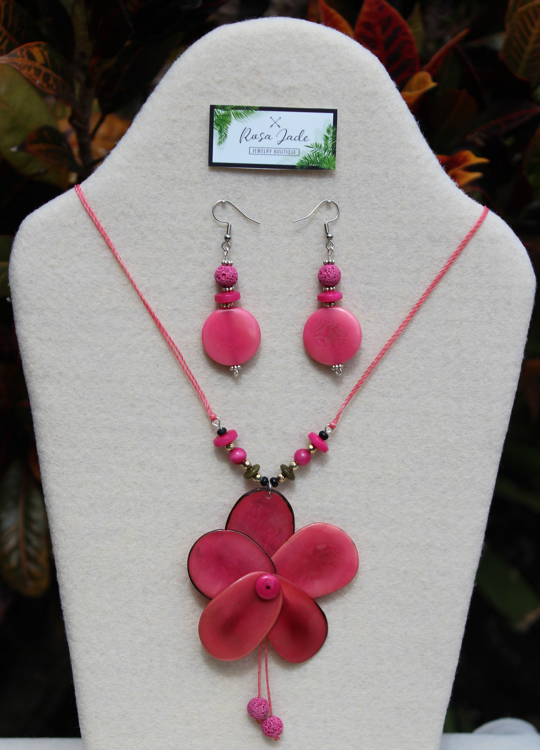 Hot Pink Tagua Nut Rose and Earrings Set