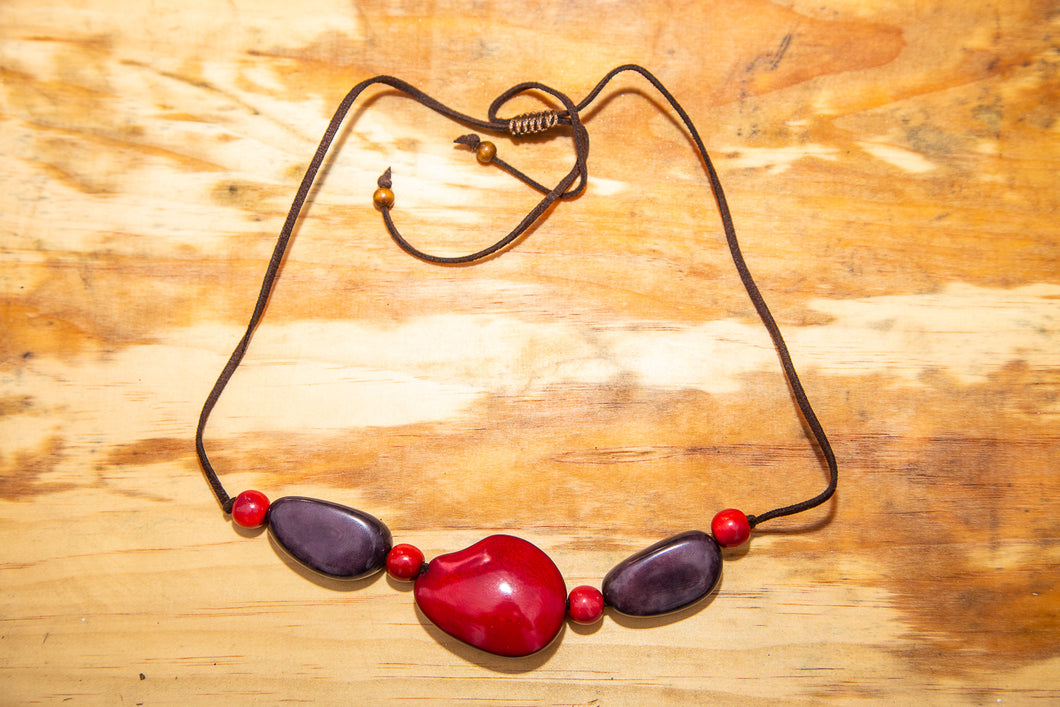 Red Purple Tagua Nut Adjustable Necklace