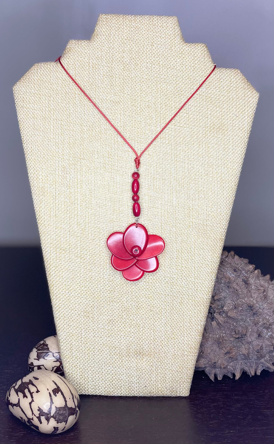 Red Small Tagua Nut Rose Adjustable Necklace