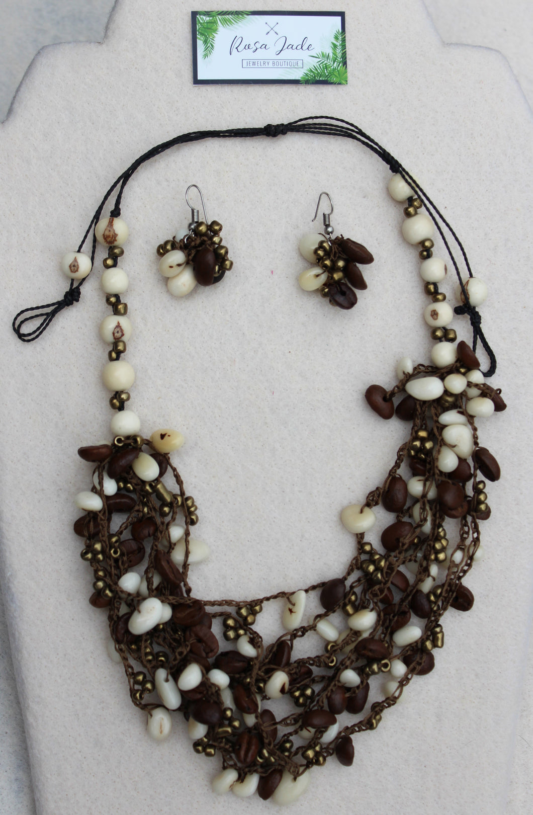 White Tagua Nut and Coffee Beans Necklace and Earrings set