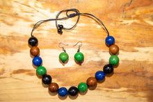 Load image into Gallery viewer, Blue, Red and Green Tagua Nut Adjustable Necklace and Earrings set (Click to see other colors)
