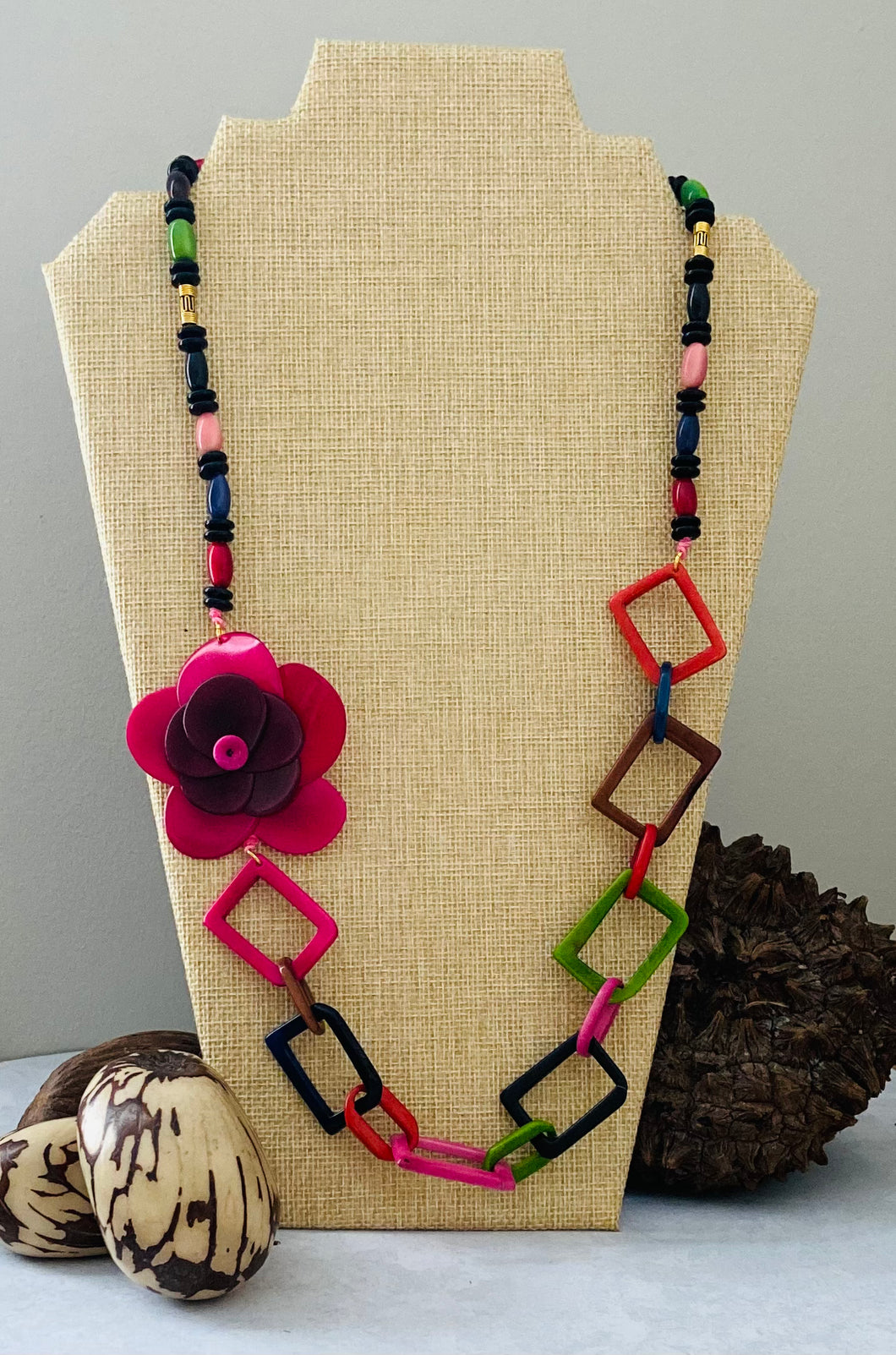 Hot Pink and Maroon Rose Chain Tagua Nut Necklace
