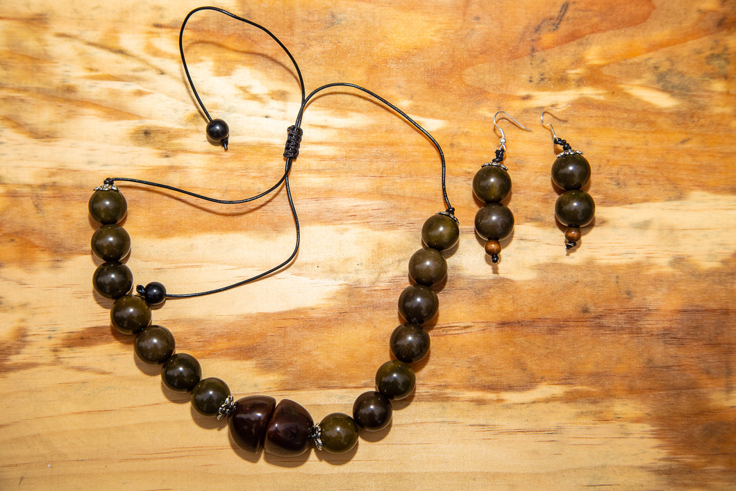 Brown Green Tagua Nut Adjustable Necklace and Earrings Set