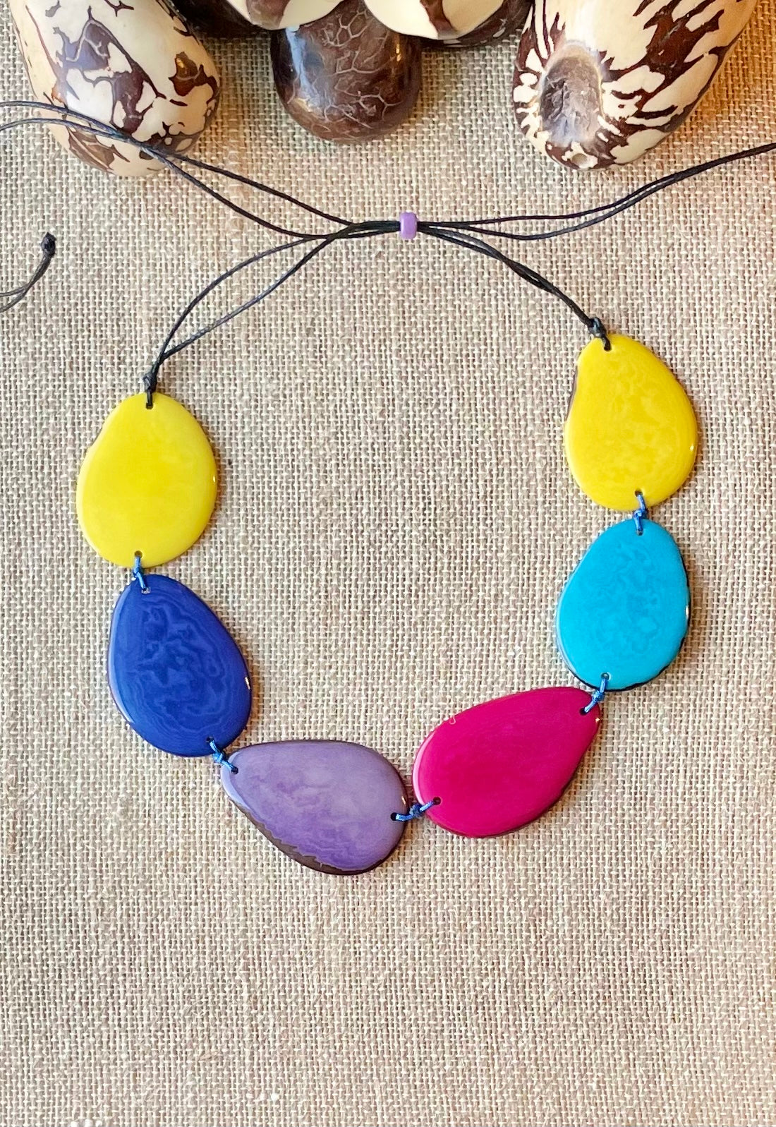 Tagua Nut Adjustable Necklace | Pink, Yellow & Blue Sustainable Jewelry