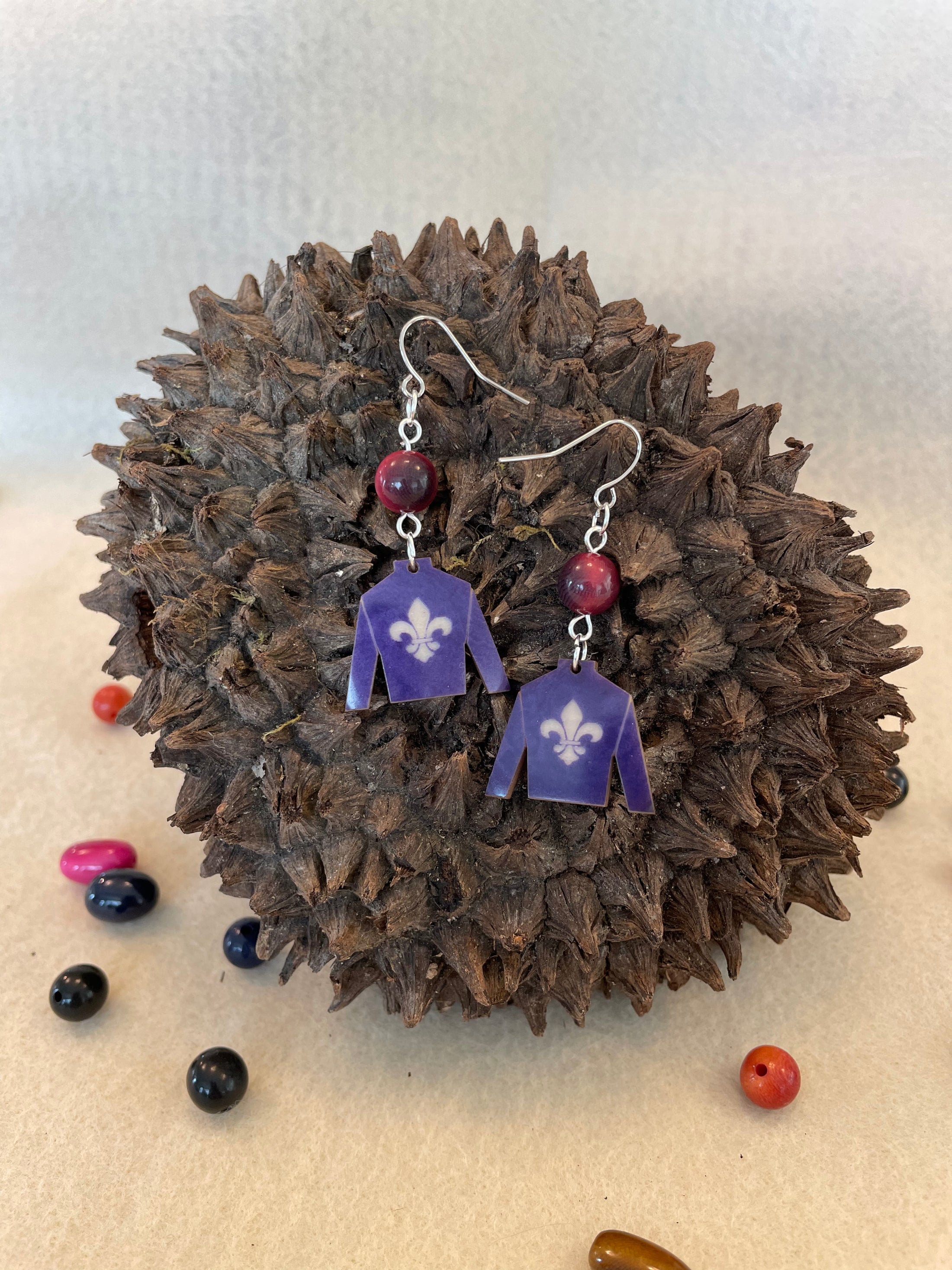 Purple Tagua Nut Jockey Silk Derby Earrings
