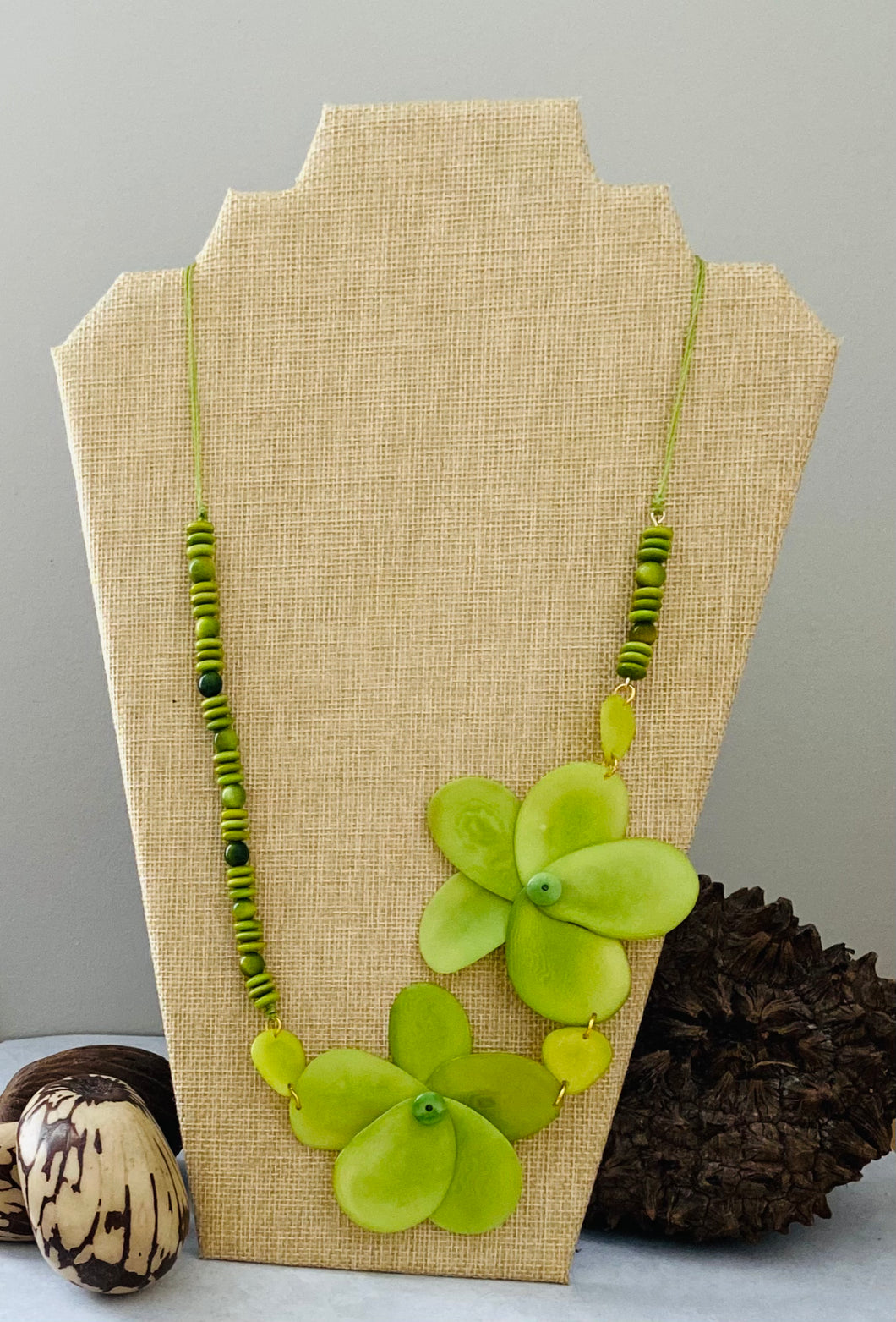 Lime Green Double Rose Tagua Nut Necklace