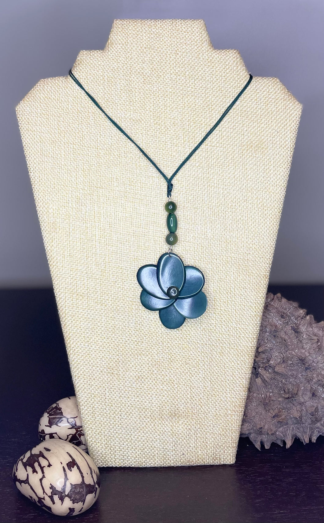 Green Small Rose Tagua Nut Adjustable Necklace