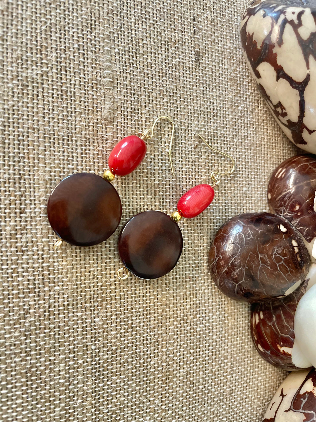 Brown Red Tagua Nut Earrings