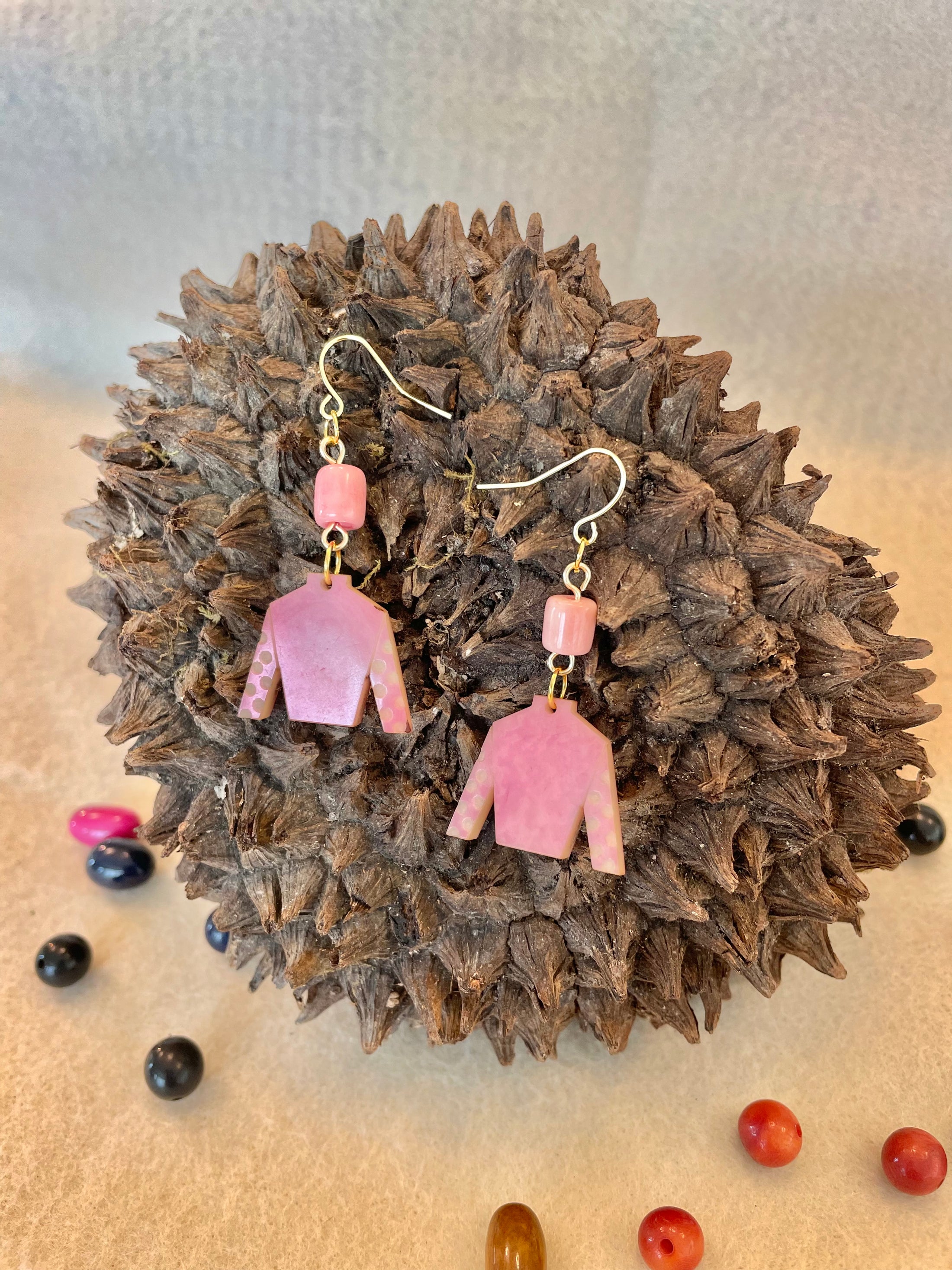 Light Pink Tagua Nut Jockey Silk Derby Earrings