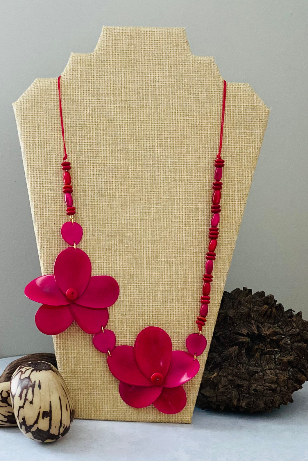 Hot Pink Double Rose Tagua Nut Necklace