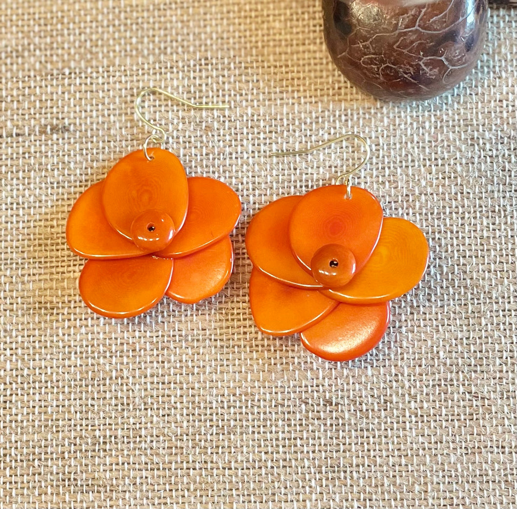 Dark Orange Rose Tagua Nut Earrings