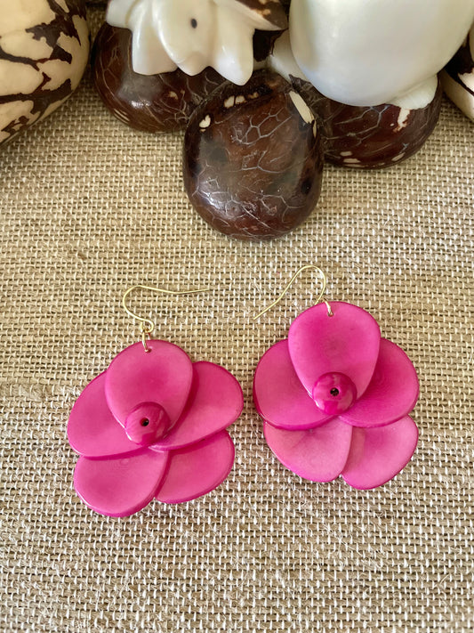 Hot Pink Rose Tagua Nut Earrings