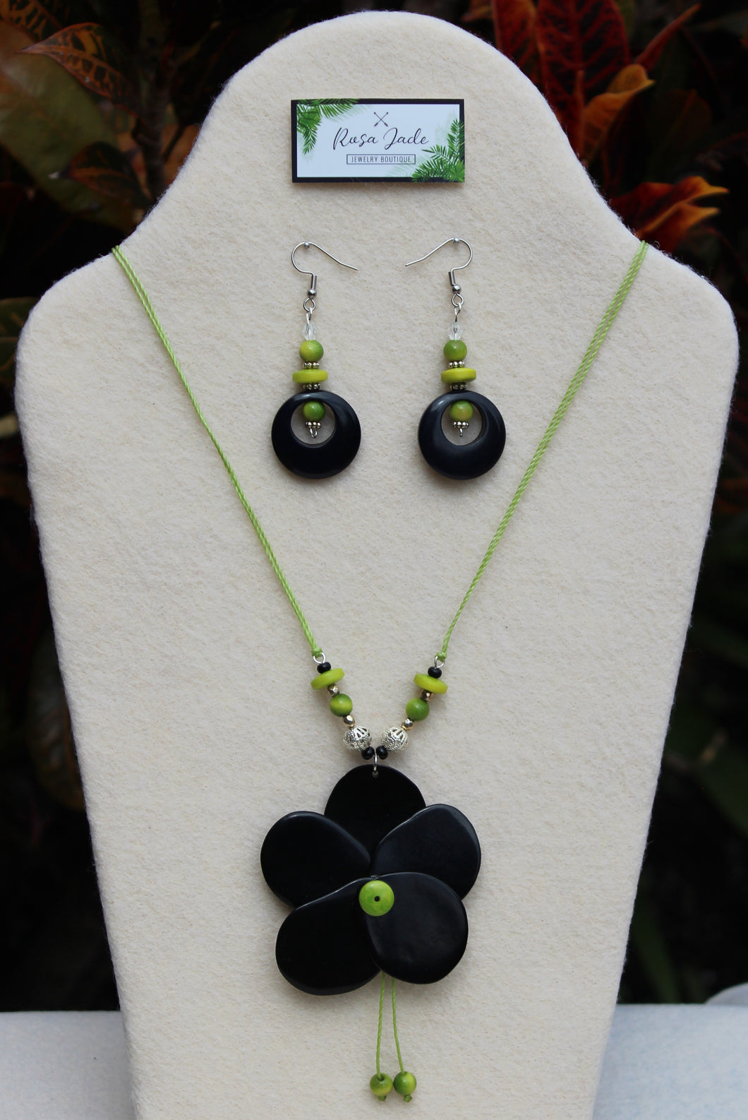 Black and Green Tagua Nut Rose and Earrings Set