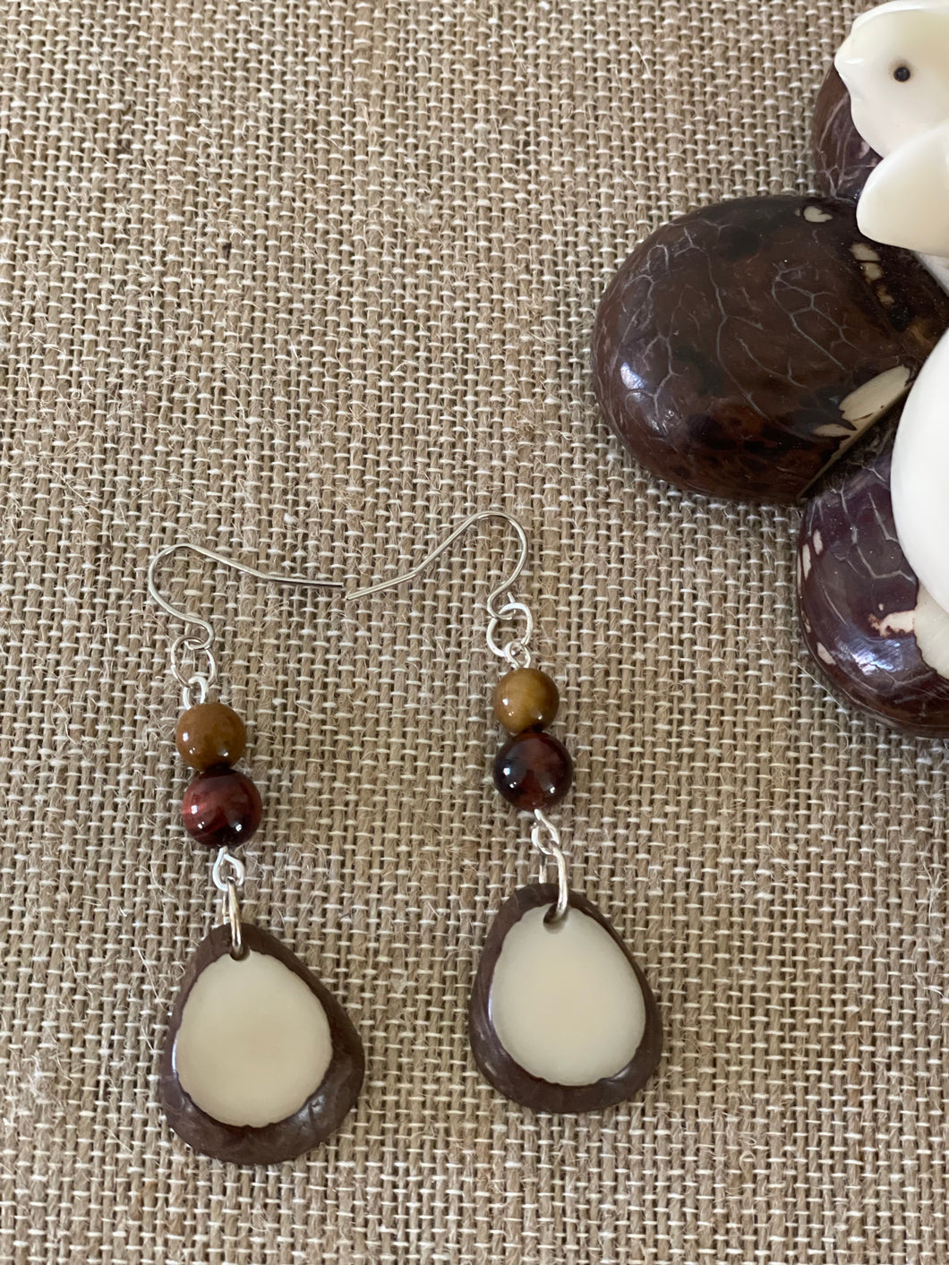 Ivory and Brown Tagua Nut Earrings