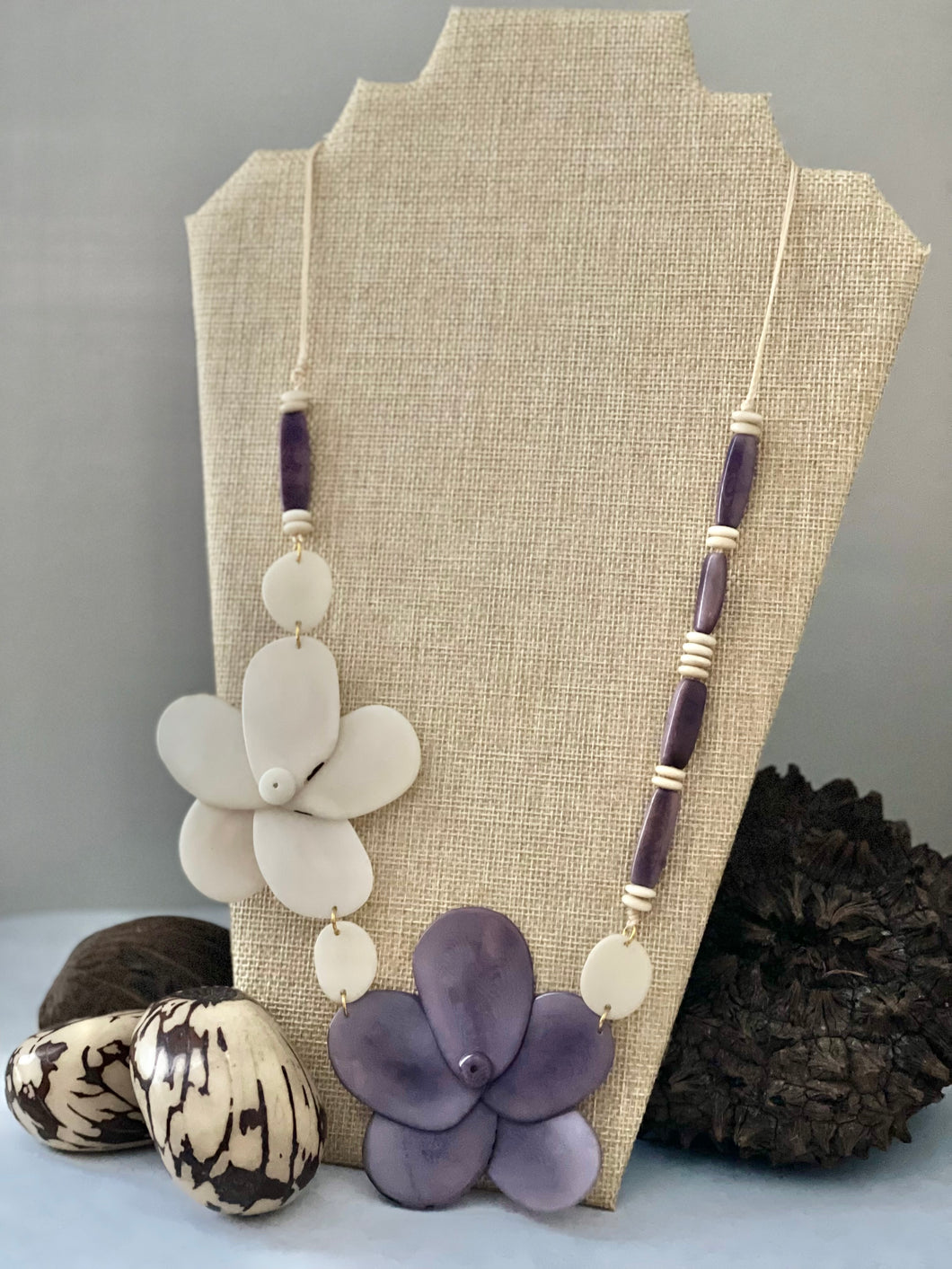 Lavender and Ivory Double Rose Tagua Nut Necklace