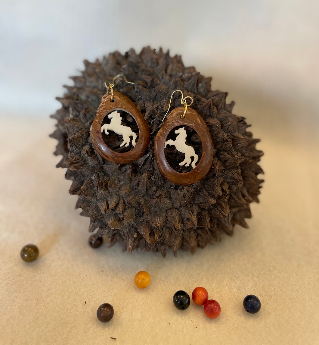 Carved Horse Tagua Nut Derby Earrings
