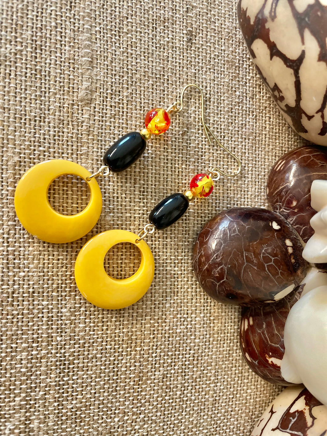 Yellow Black Tagua Nut Earrings