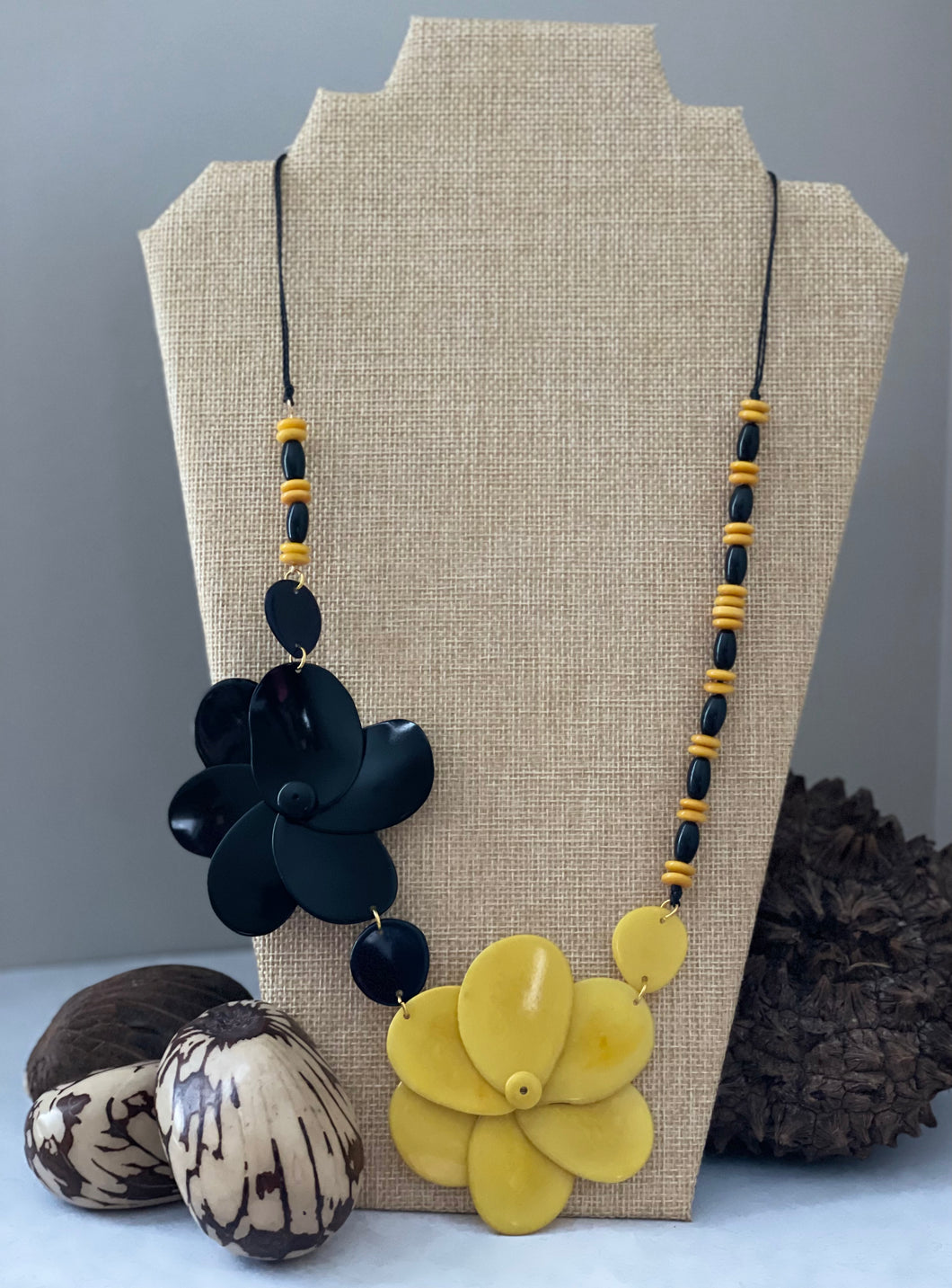 Yellow and Black Double Rose Tagua Nut Necklace