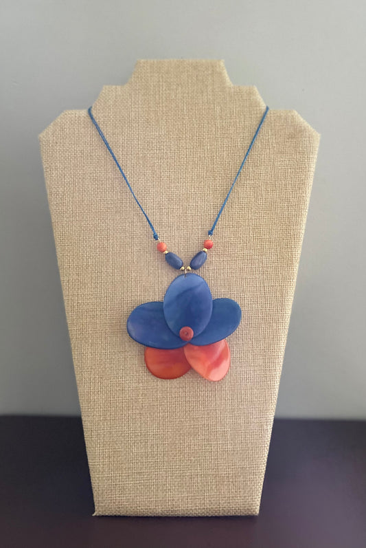 Orange and Blue Large Tagua Nut Rose Adjustable Necklace