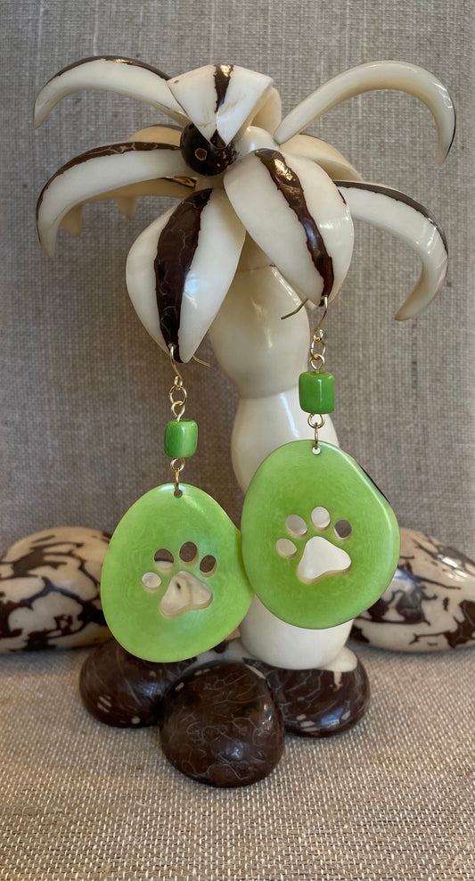 Lime Green Paw Carved Tagua Nut Earrings