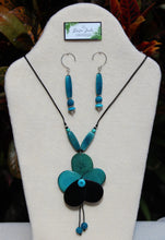 Load image into Gallery viewer, Turquoise and Black Tagua Nut Rose with Earrings Set
