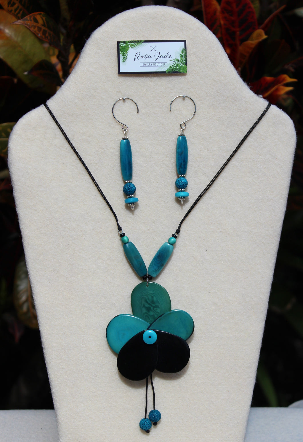 Turquoise and Black Tagua Nut Rose with Earrings Set