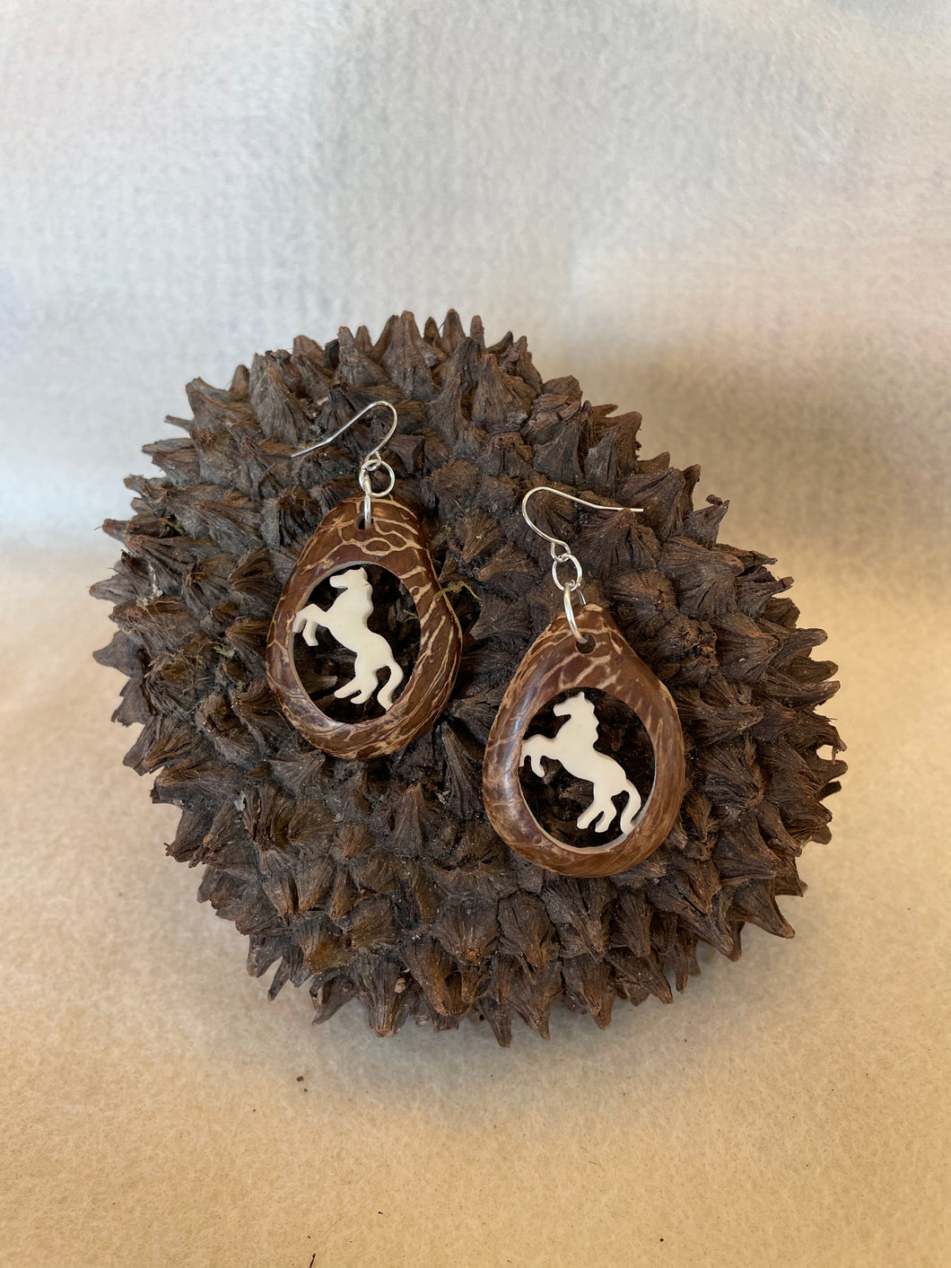 Carved Horse Tagua Nut Derby Earrings