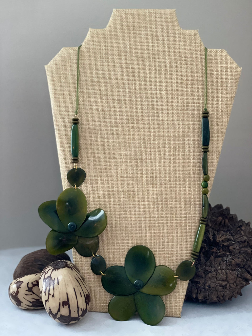 Olive Green Double Rose Tagua Nut Necklace