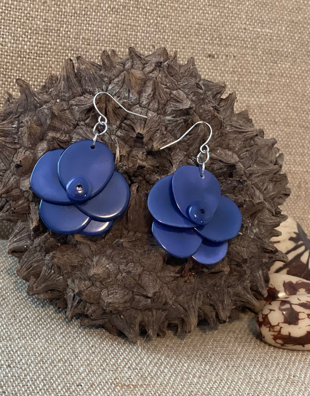 Blue Rose Tagua Nut Earrings