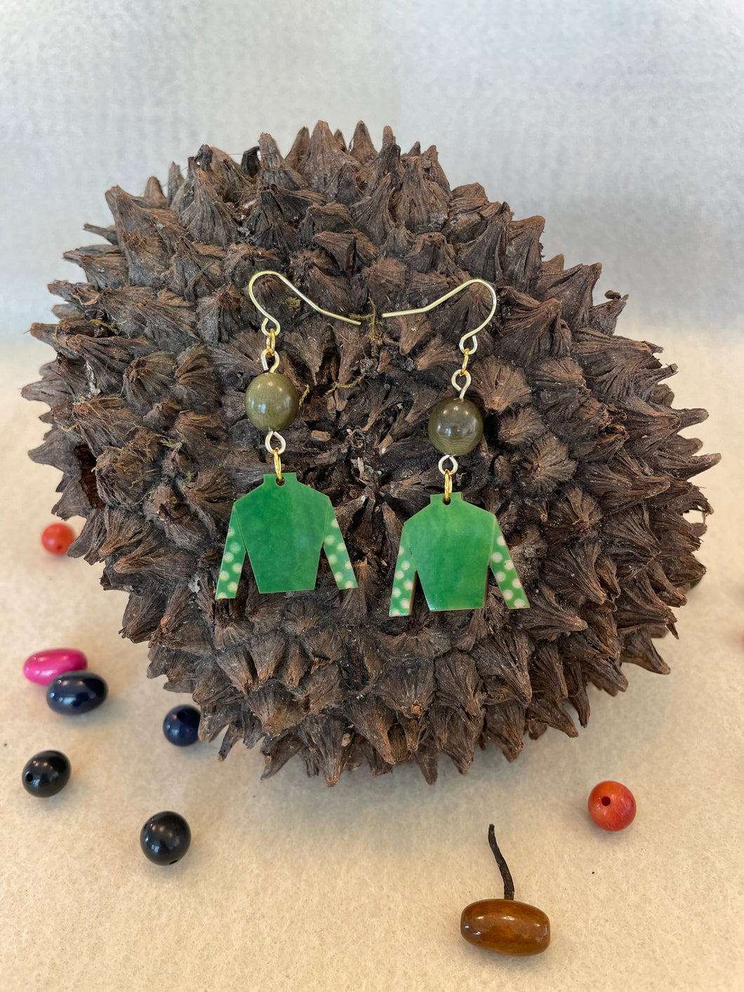 Green Tagua Nut Jockey Silk Derby Earrings