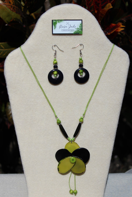 Green and Black Tagua Nut Rose and Earrings Set