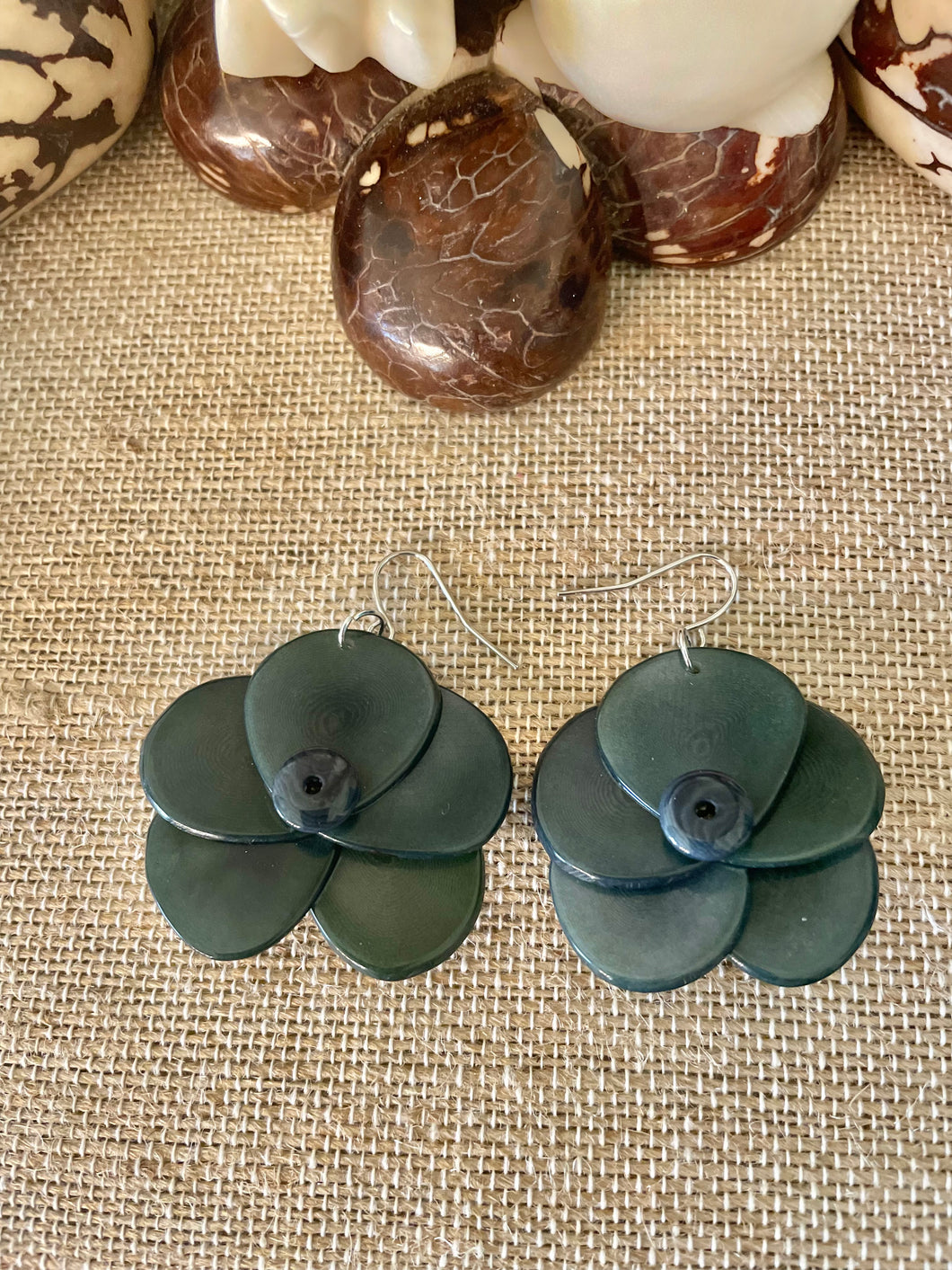 Dark Green Rose Tagua Nut Earrings