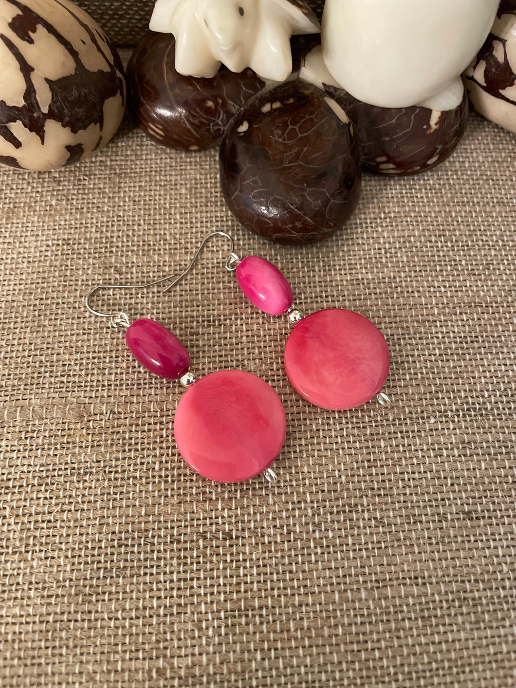 Hot Pink Tagua Nut Dangle Earrings