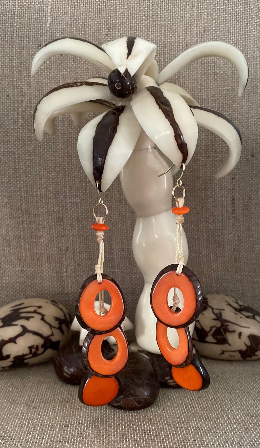 Orange Tagua Nut Long Earrings