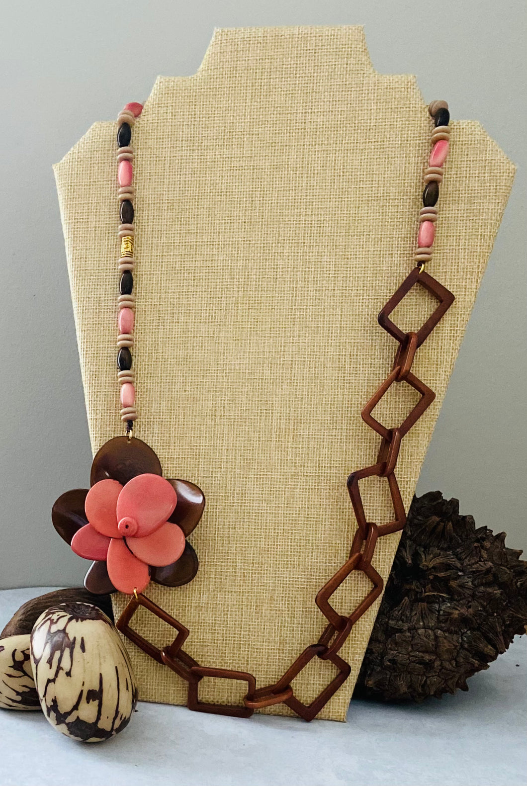 Brown and Salmon Rose Chain Tagua Nut Necklace