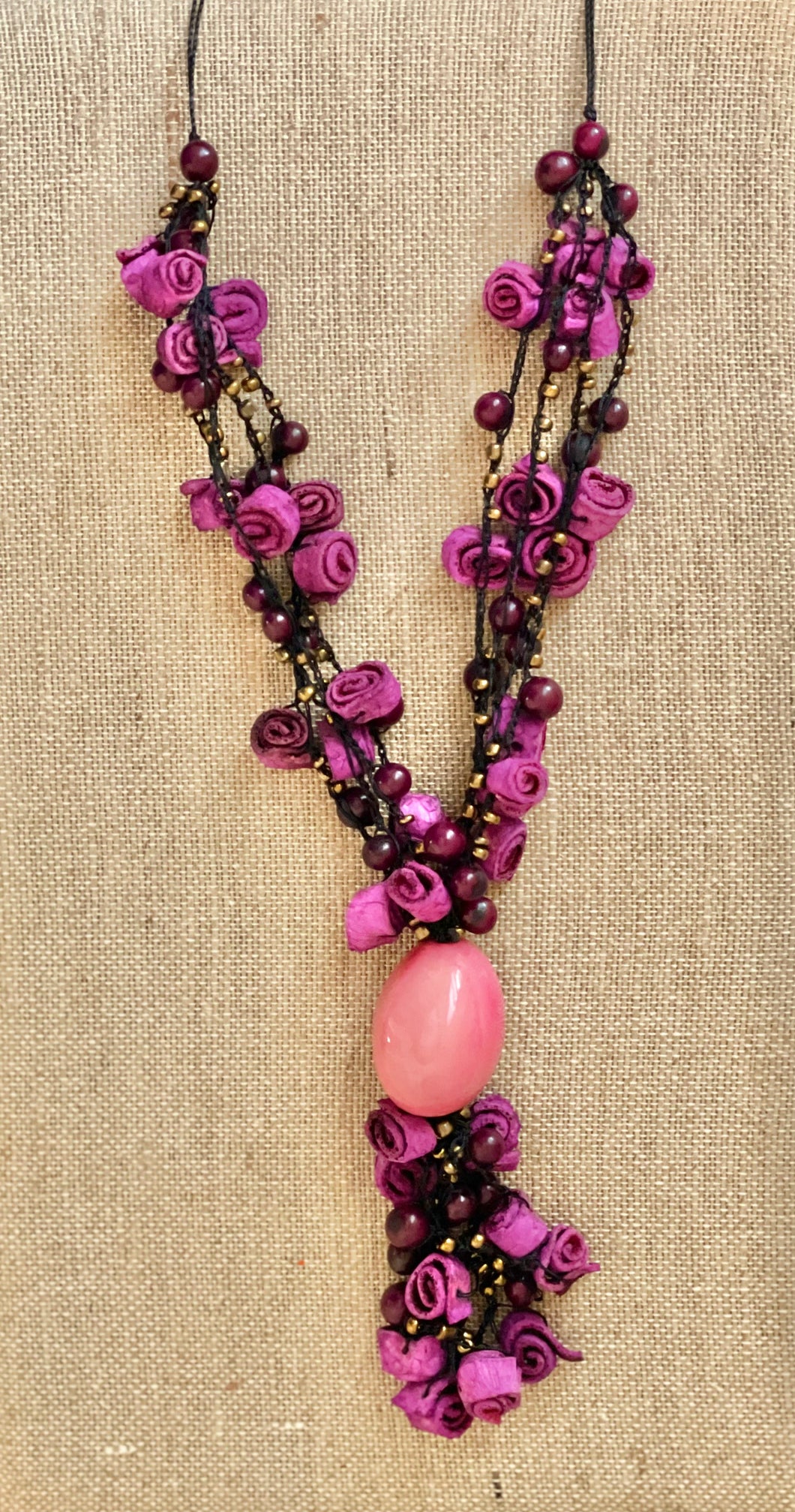 Pink and Purple Tagua Nut and Orange Peel Roses Extra Long Adjustable Necklace