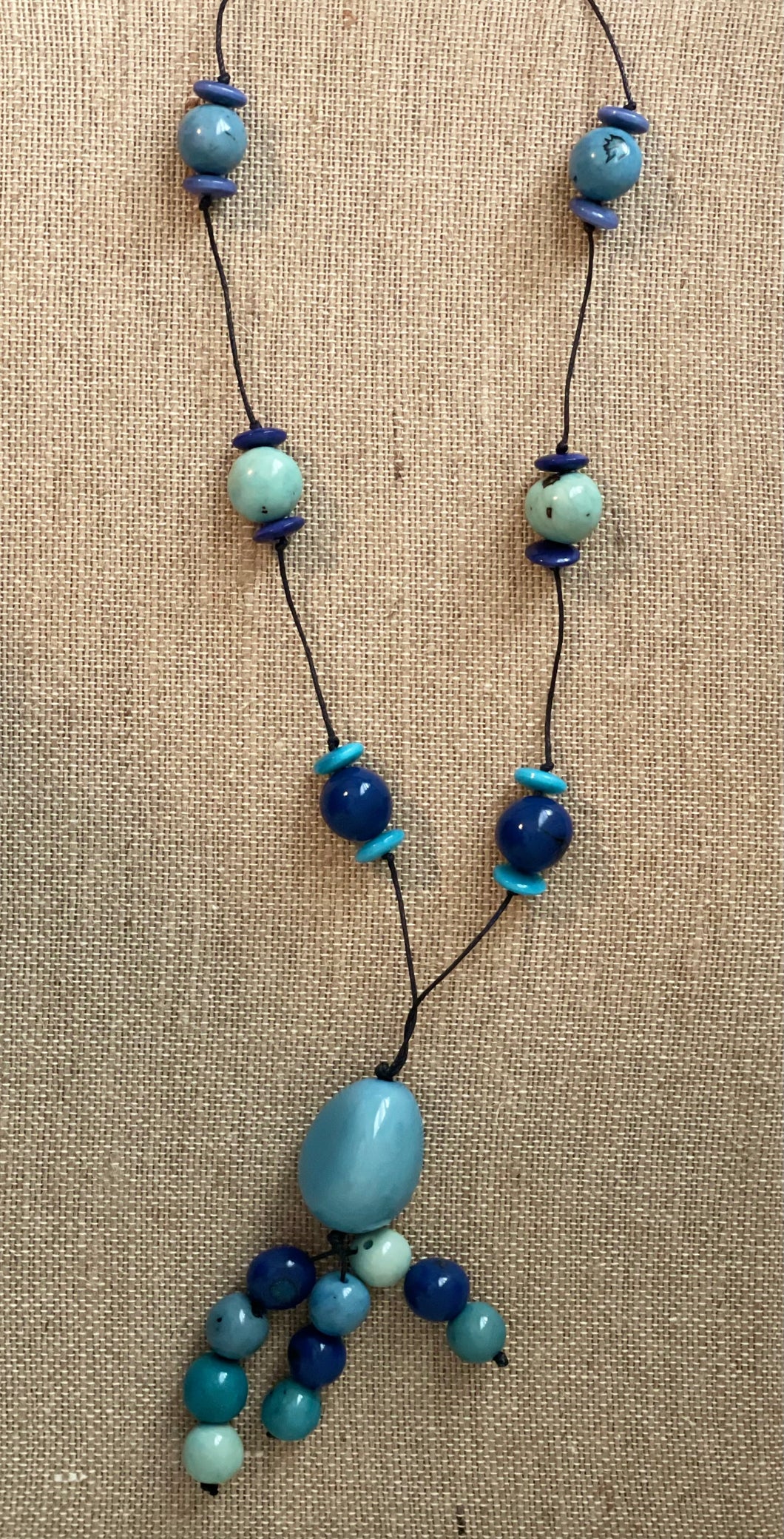 Blue Tagua Nut and Pambil Seeds Extra Long Adjustable Necklace