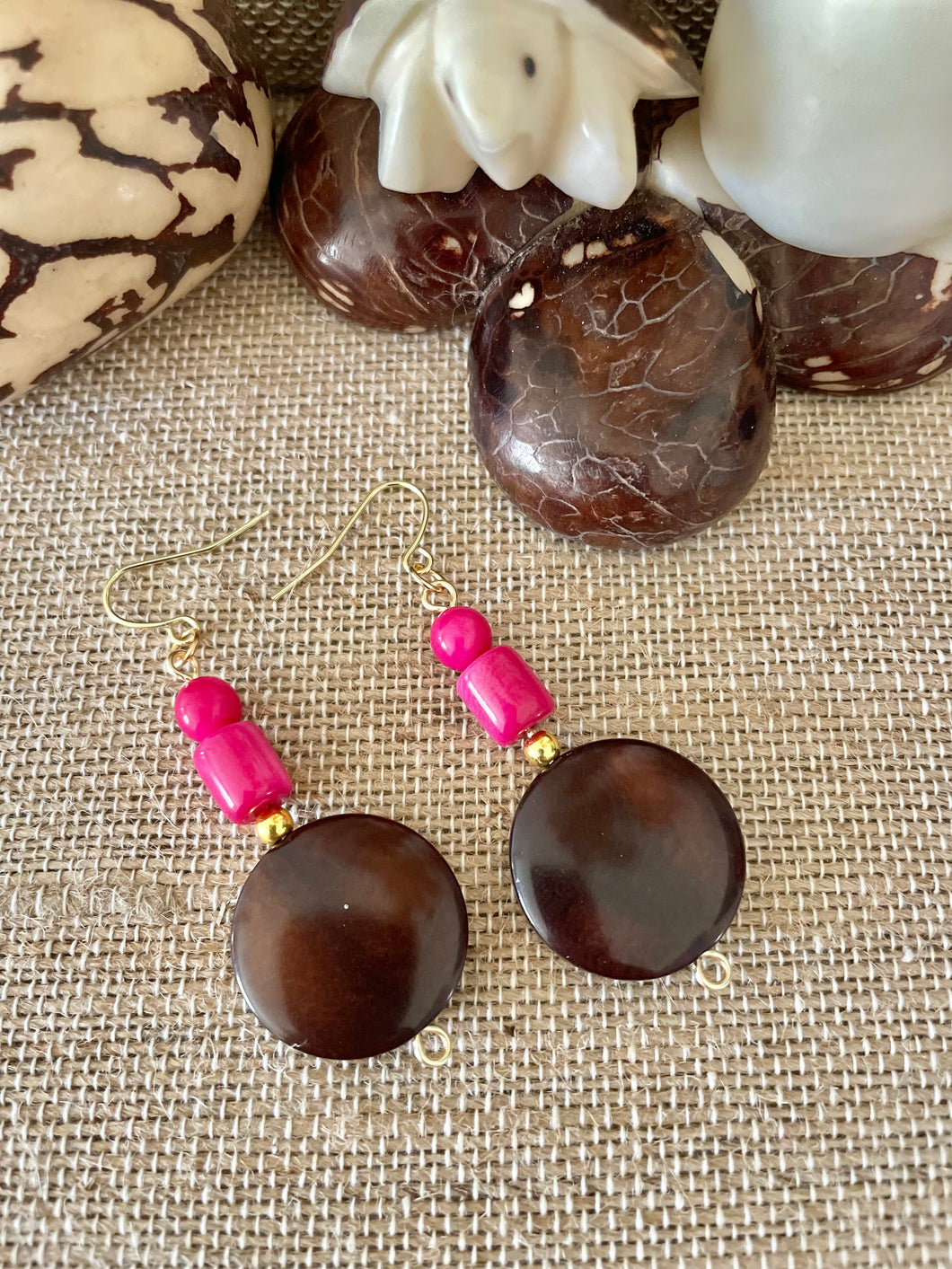 Pink and Brown Tagua Nut Earrings