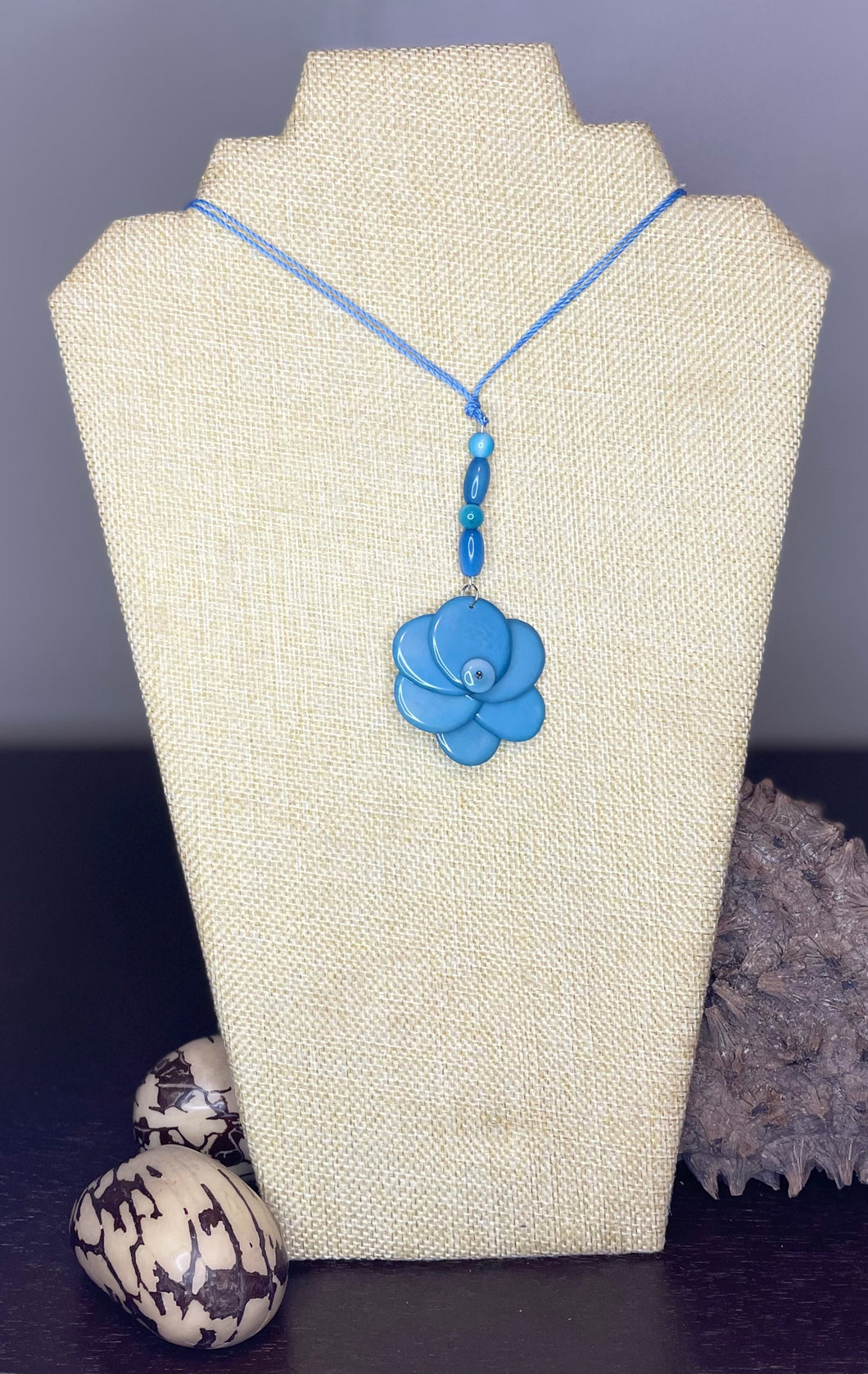Baby Blue Small Tagua Nut Rose Necklace