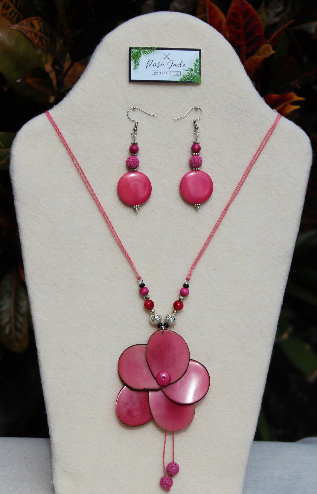 Pink Tagua Nut Rose and Earrings set