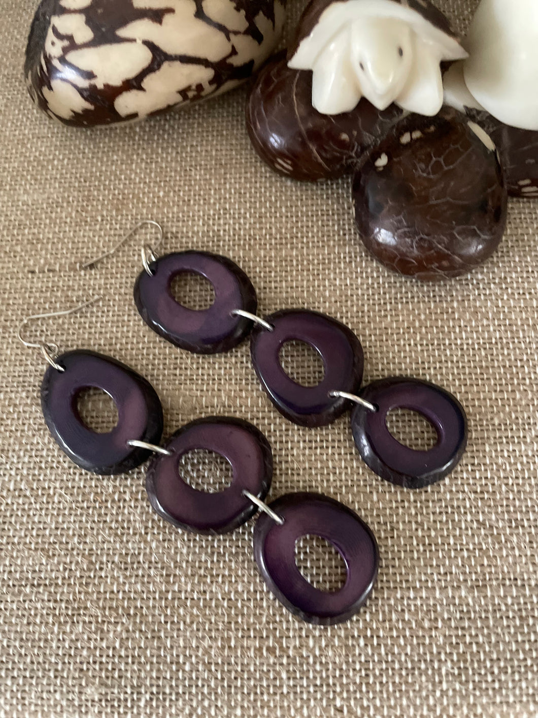 Dark Purple Tagua Nut Long Earrings