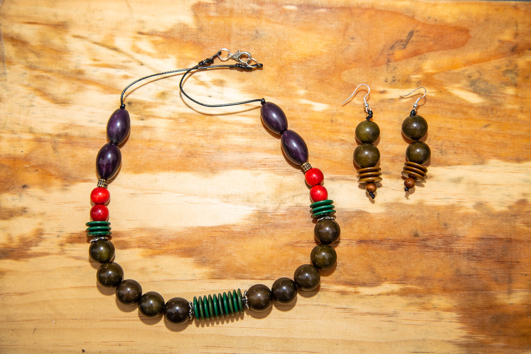 Green Brown Tagua Nut Necklace and Earrings Set