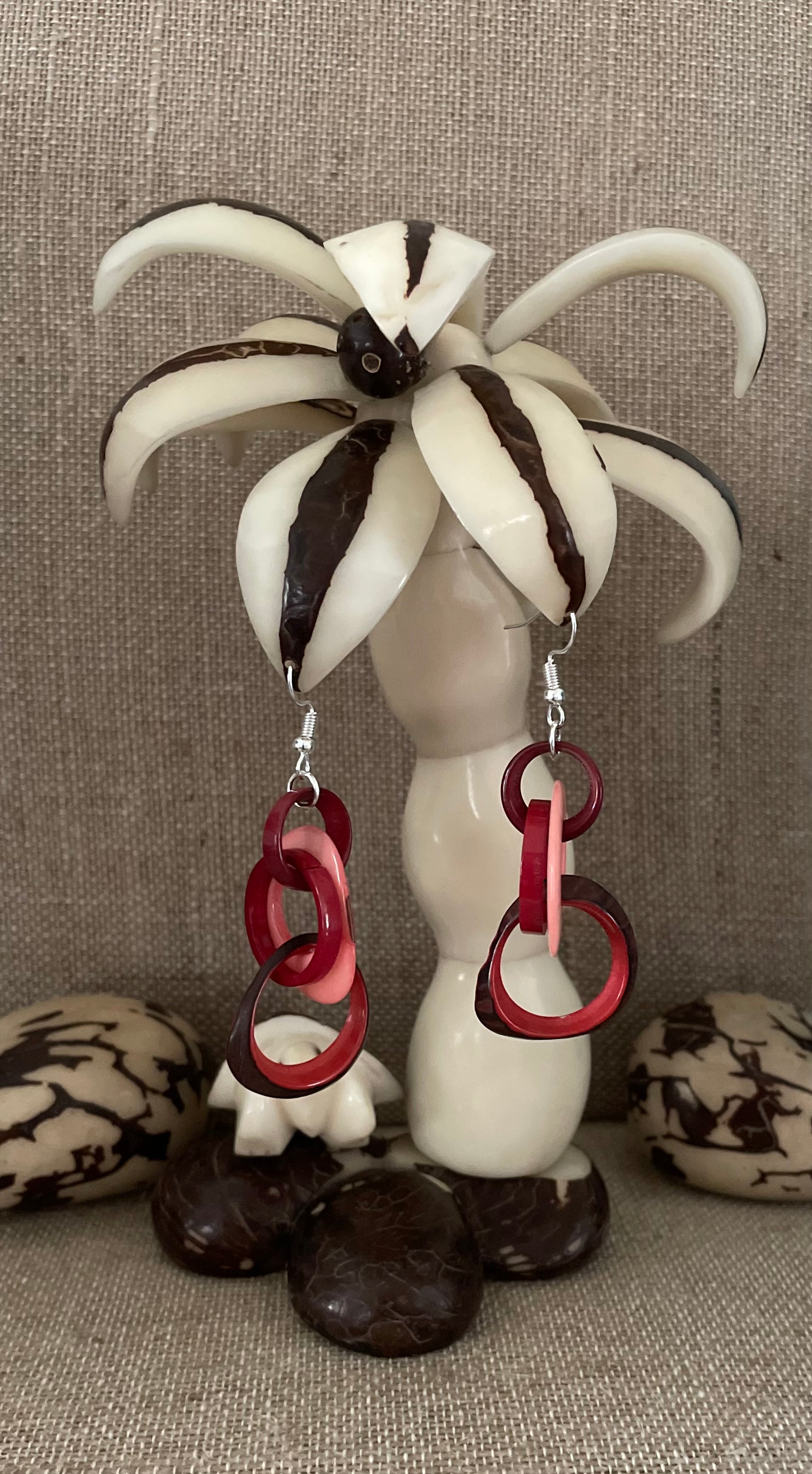 Red and Pink Tagua Nut Earrings