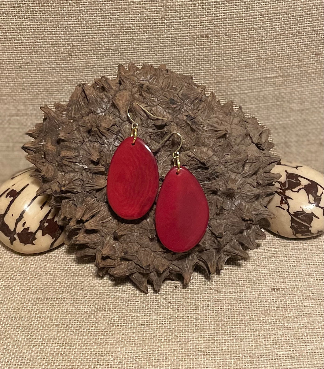 Red Thin Sliced Tagua Nut Earrings
