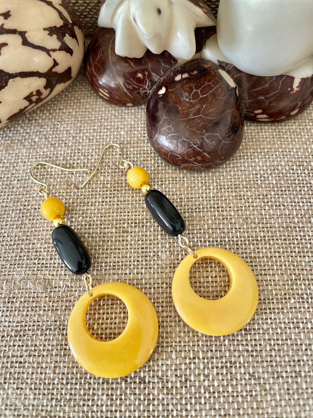 Yellow Black Tagua Nut Dangle Earrings