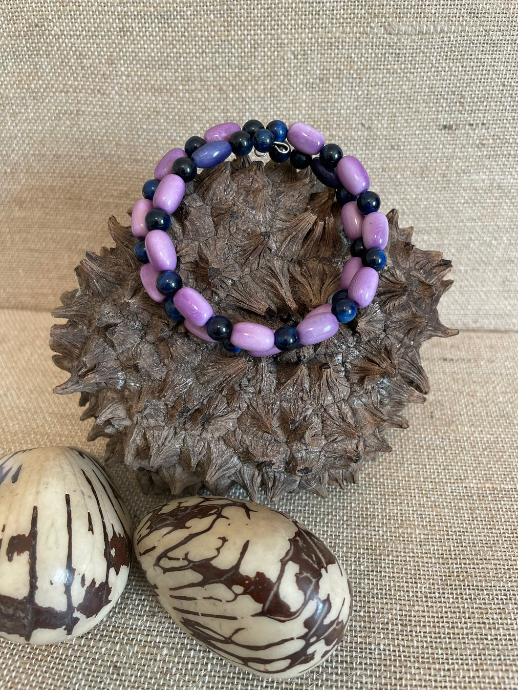 Purple Tagua Nut and Blue Eye of the Tiger Memory Wire Bracelet