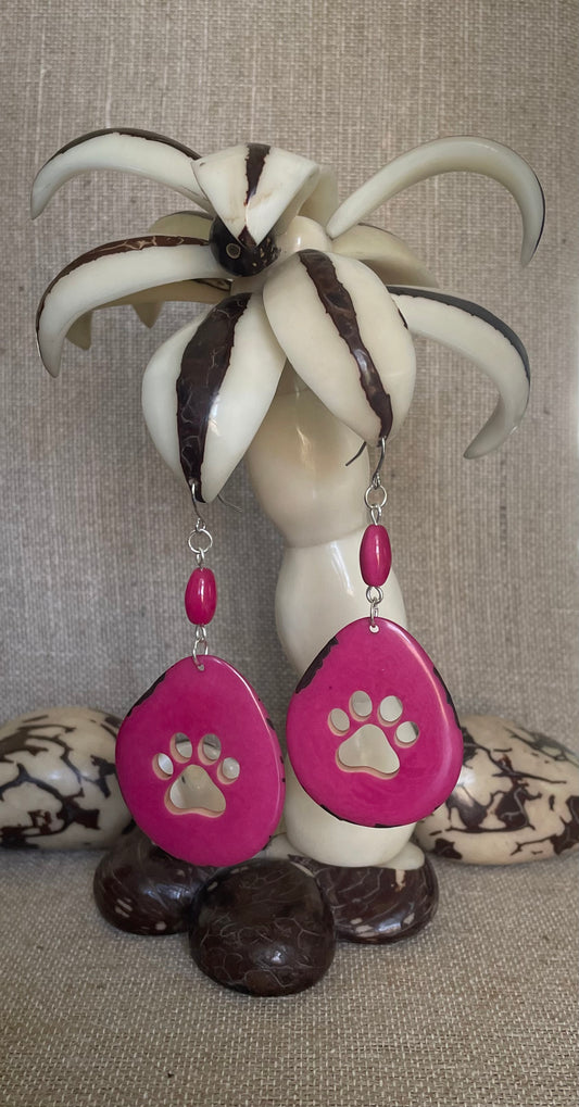 Hot Pink Paw Carved Tagua Nut Earrings
